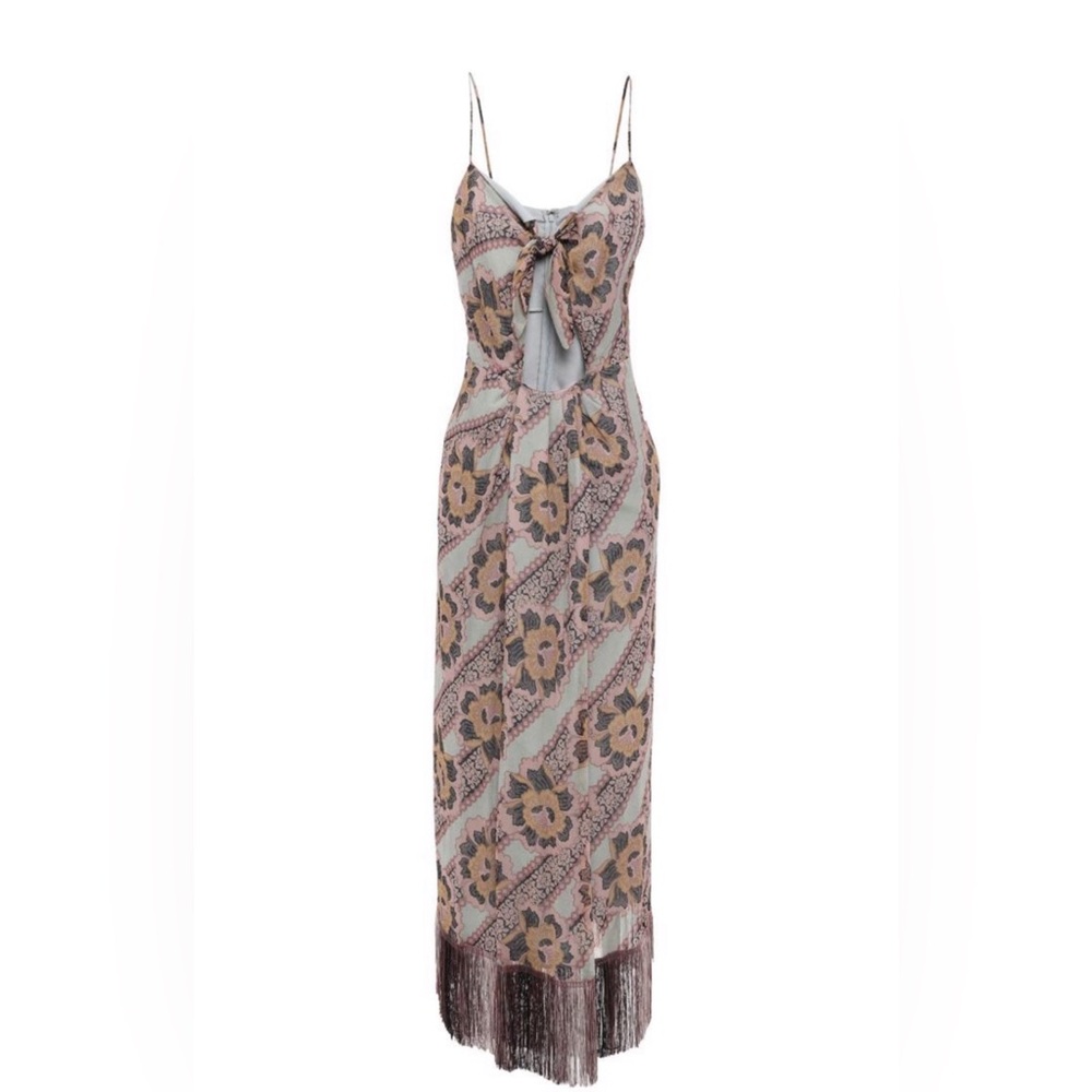 Anna Sui Floral Raw Silk Maxi Dress with Fringes
